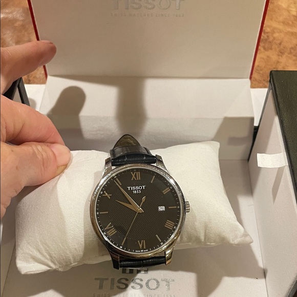 Tissot Silver and Black Watch with Leather Strap - Picture 1 of 8